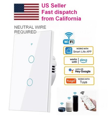  2 Gang WiFi Smart Touch Light Wall Switch SmartLife Alexa Google White Glass