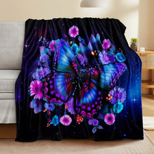 Purple Floral Butterfly Blanket Throw Blanket Cozy Lightweight Flannel Blanket