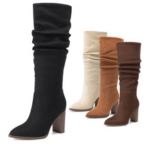 Women Suede Slouchy Boots High Chunky Block Heel Pointed Toe Knee High Boots