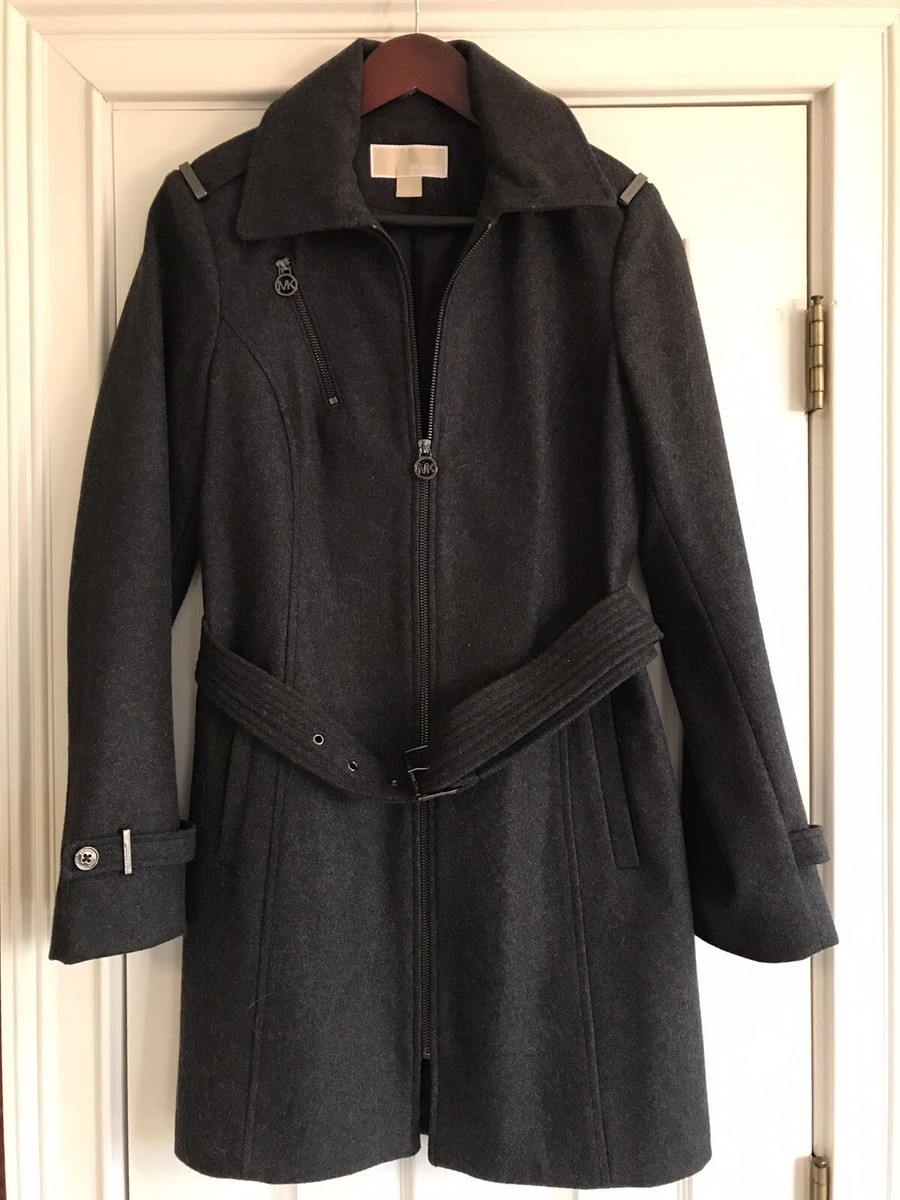 Michael Michael Kors Charcoal Gray Wool Blend Belted Walker Coat Size Medium