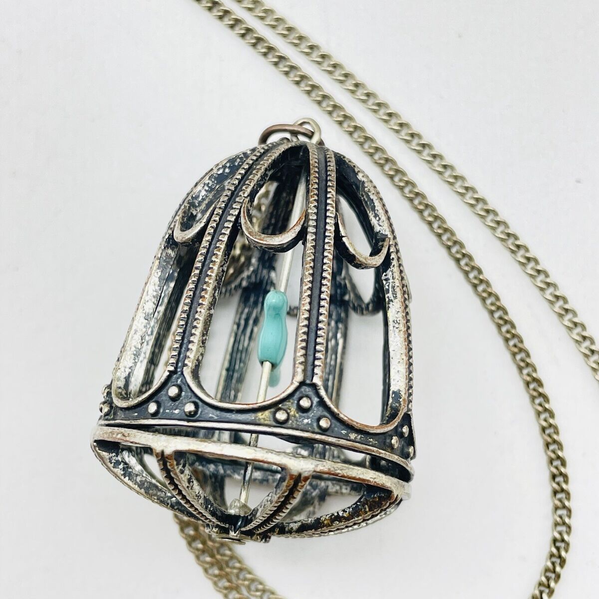 Bird Cage Pendant Necklace Silver Tone Faux Turquoise Bird Cage Pendant Necklace Silver Tone Faux Turquoise
