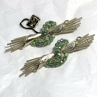 NOS 2 Pc Vintage Coro Pegasus Long Bar Pin Set Green Rhinestone 4'' Swirl Spikes