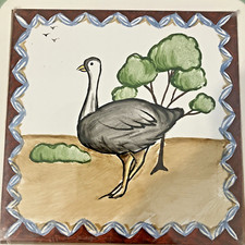 VTG Evergreen Ostrich and Tree Deluxe Trinket Ceramic 6x6" Mounted in Wood Frame