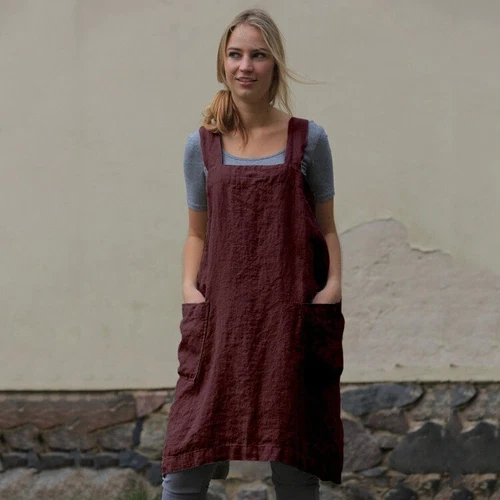 Lässiges lockeres Damenkleid Baumwolle Leinen Hausarbeit Wickeloptik gekreuzter Rückenschürze - Bild 11 von 26