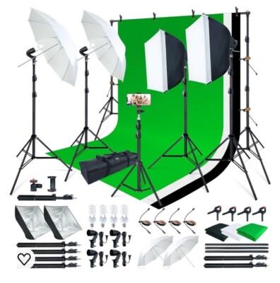 Studio Light Kit W/2 Softboxes 3 Backdrops 4 Bulbs Stands And More 