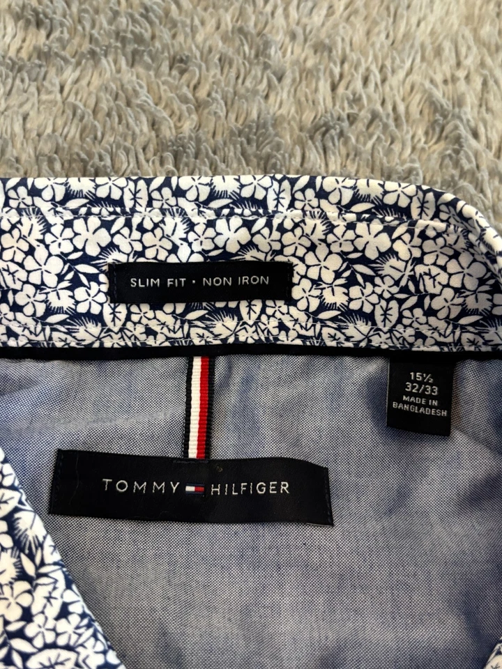 Camisa Tommy Hilfiger Para Hombre 15.5 32/33 Calce Ajustado Sin Hierro Manga Larga Floral Azul Foto 3 de 4