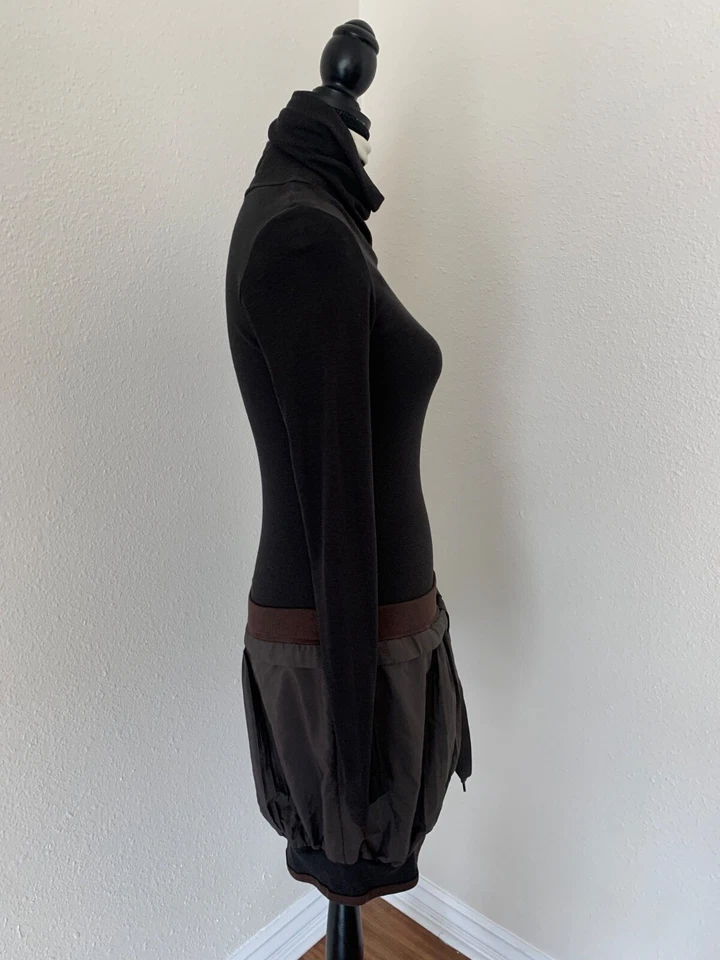 Cop-Copine Womens Brown Turtleneck Long Sleeve Fitted Bubble Hem Dress Logo Sz S - Image 3 of 4