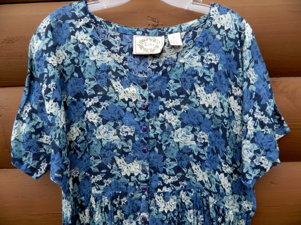 Vestido Erika Midi Vintage L Azul Floral Concha Botón Frontal Rayón Años 90’s Foto 2 de 4