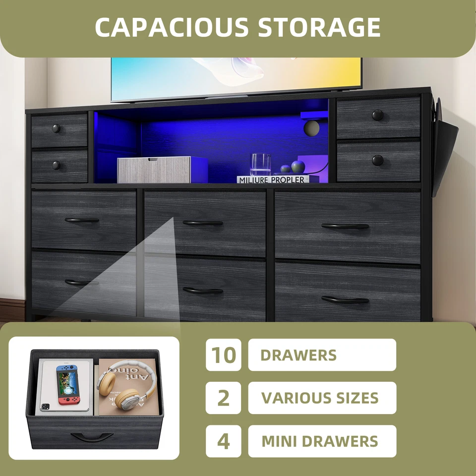 Cômoda preta 10 gavetas porta USB ajustável LED armário organizador de quarto - Imagem 3 de 4