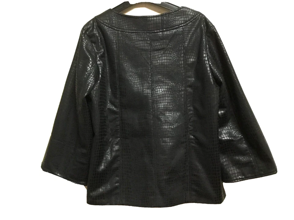 Susan Graver Women Size S Black Faux Leather Gator Blazer Jacket Zip Pockets - Image 2 of 4