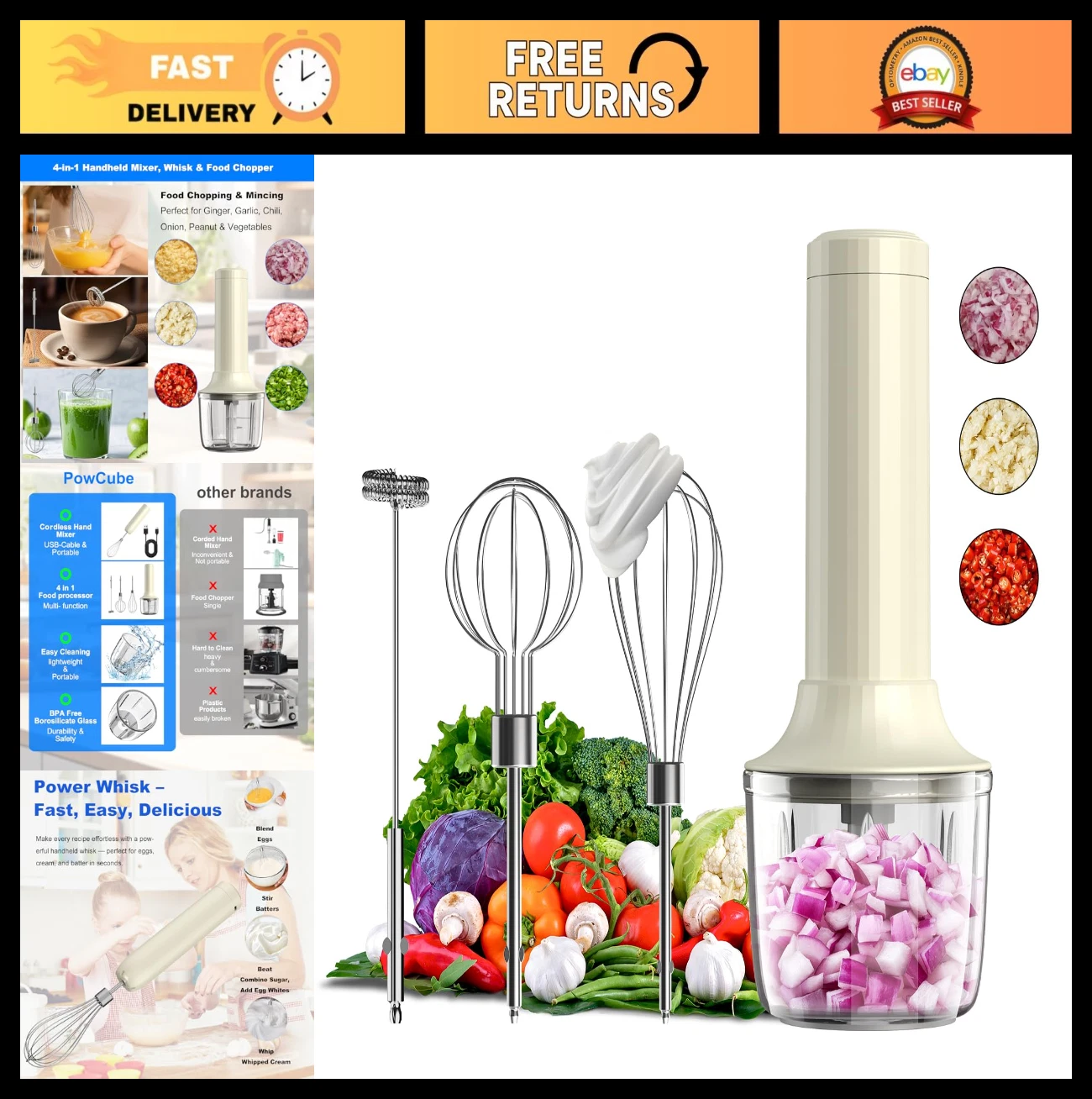 Cordless Electric Hand Mixer & Milk Frother, Rechargeable 4-Speed Mini Whisk, 10