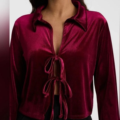 Express Womens Medium Velvet Long Sleeve Collared Tie Front Top Burgundy NWT $78