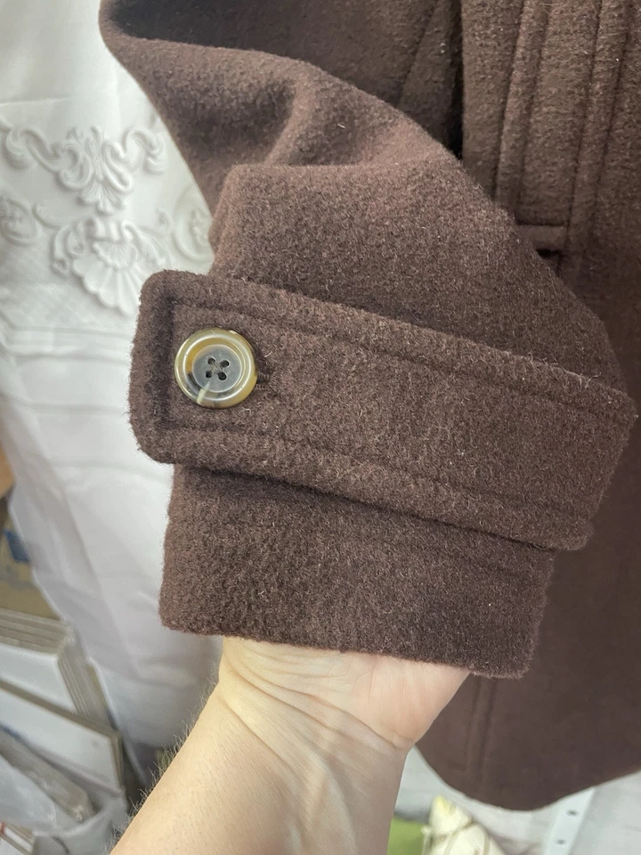 Abrigo antiguo azul marino para mujer XL marrón mezcla de lana simulado cuello alto botón guisante abrigo chaqueta Foto 4 de 4