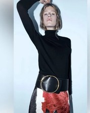 ZARA Women's Wide Black Leather and Suede Belt Round Buckle 37