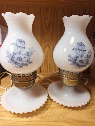 Vintage Lamp, Hurricane Lamp, Milk Glass, Floral Lamp, 1960's, White and Blue...