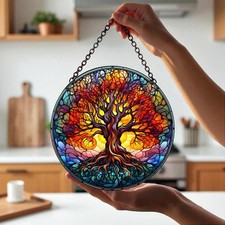 Tree of Life Stained Glass Suncatcher, Boho Window Hanging Gift for Mom