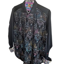 Robert Graham Classic Fit XL Black Paisley Baroque Flip Cuff Button Up Shirt Men