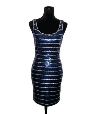 Caché Vintage Blue Silver Sequin Bodycon Mini Dress Women's Size 4 Party Club