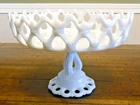 Vintage Westmoreland White Milk Glass Open Lace Pedestal Compote Fruit Bowl