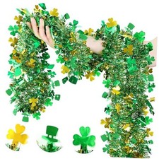 St Patricks Day Garland Decor Gold Green Shamrock Hat Tinsel Garland, 33 FT