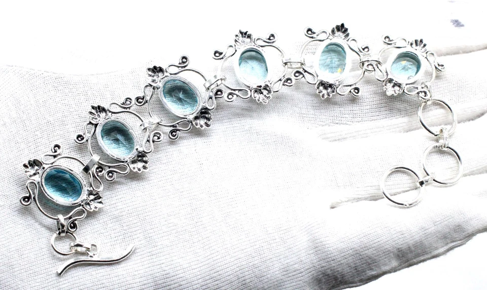 925 Sterling Silver Blue Zircon Gemstone Handmade Jewelry Bracelet Size-7-8" - Image 2 of 4