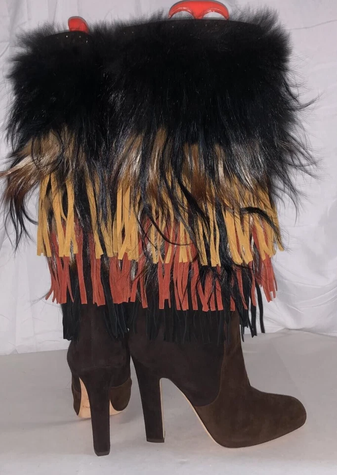 39,5/8,5 ❤️JIMMY CHOO лисий мех и бахрома замши колена высокий каблук высокие ботинки Италии - Изображение 3 из 4