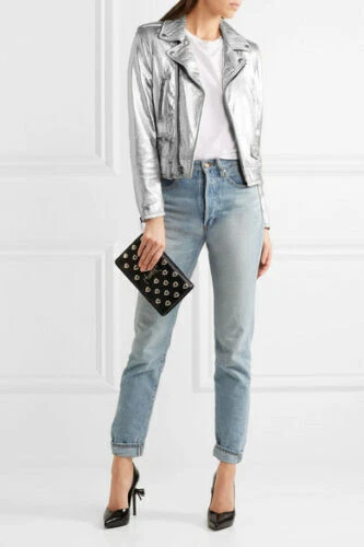 NUEVA Chaqueta de Fiesta Plateada Genuina Motocicleta Hecha a Mano Cuero Mujeres Piel de Cordero Foto 2 de 4