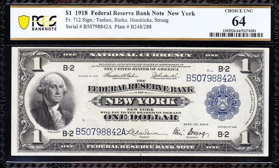 Amazing Crisp VCH/UNCIRCULATED 1918 $1 New York FRBN Note! PCGS 64! 98842A - Image 2 of 3