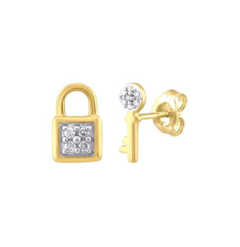 0.25CT Round Lab Created Diamond Lock & Key Stud Earrings 14K Yellow Gold Plated - Picture 3 of 4