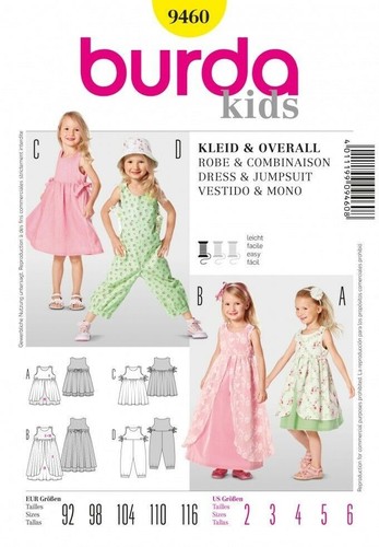 ROBE ET COMBINAISON POUR ENFANTS BURDA 9460 FILLES motif à coudre âges 2 - 6 compétences : FACILE - Photo 1 sur 10