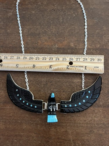 Collar Águila Voladora Navajo Nativa Turca y Ónix Ben Livingston XL 5 1/2" Zuni A - Imagen 8 de 24