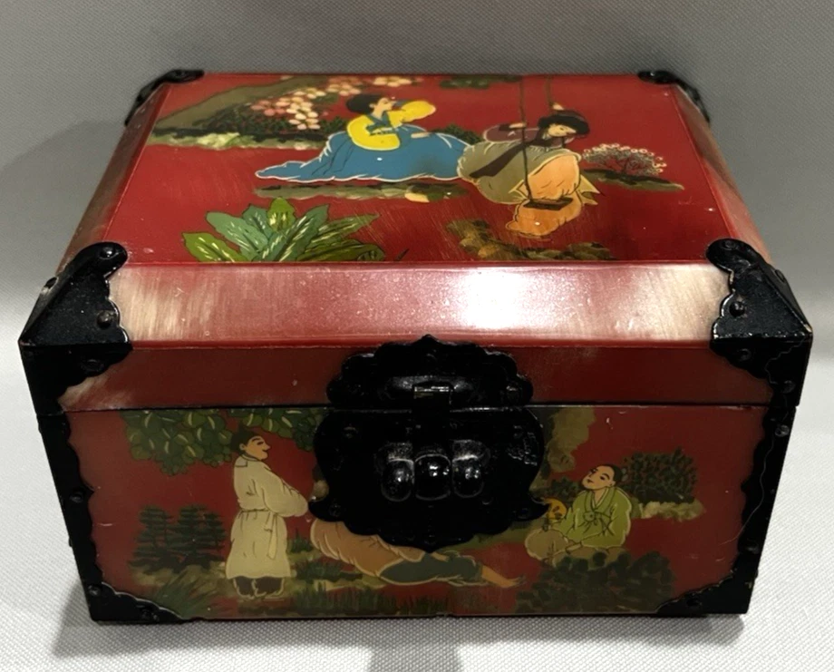 Cuerno de buey coreano Hwagak Haem-caja de accesorios pintada al revés-rojo con bloqueo de pescado-1 pieza Foto 3 de 4