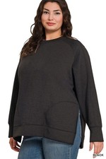 ZENANA Black Side Slit Scuba Pullover Top - 1X 2X