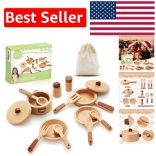 Portable Toddler Cooking Set - 12 Natural Wood Kitchen Accessories for Playtime