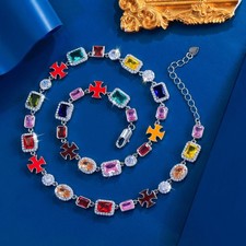 Silver Plated CZ Rainbow Colorful Baguette Geometric Tennis Chain Link Necklace