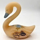 Fenton Swan Satin Custard Hand Painted Figurine Signed Floral Vintage