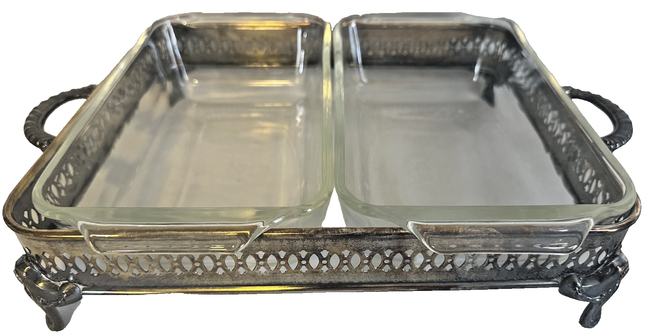 Fire-King 441 glass bakers w/ CISCo silverplate holder set