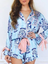 Women's Porcelain Print Satin Pajama Set With Contrast Trim And Tie Details