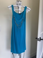 Express Sky Blue Fit & Flare Dress – Gold Chain Detail, Size XS, Day to Night