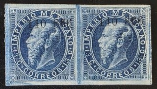 MEXICO 1866 Mint NH OG 13c Dark Blue Pair Unchecked for Type VF