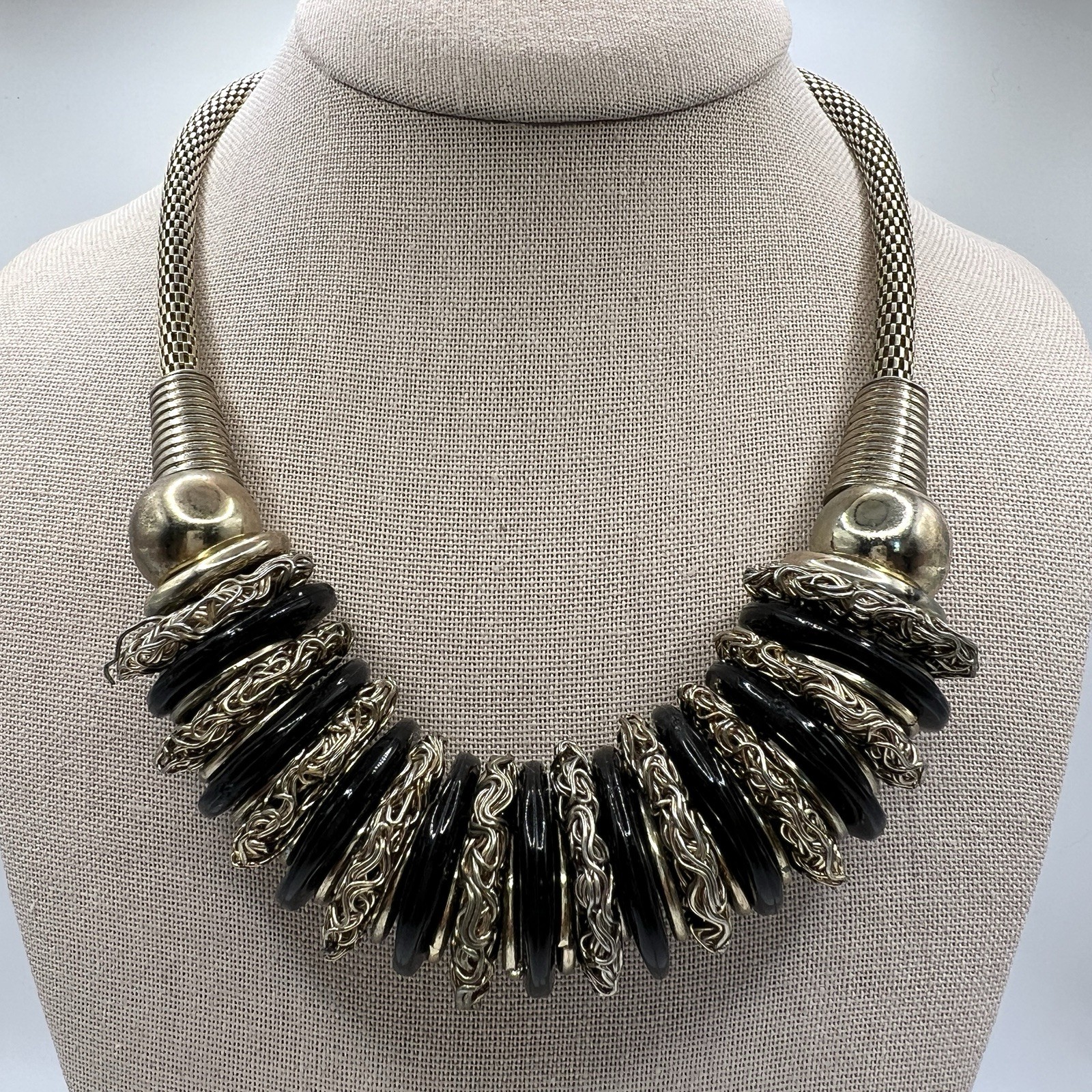 Black Silver Tone Runway Statement Collar Necklace Chunky Bib Disc Adjustable