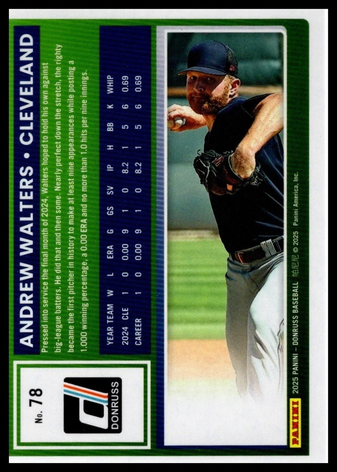 2025 Panini Donruss Andrew Walters #78 Red and Blue Cleveland Guardians (RC) - Image 2 of 2