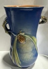 Pristine Vtg Roseville Pottery Pinecone Vase 480-7 Blue Double Handles Rare