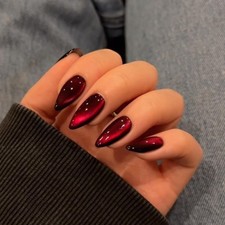 30PCS Burgundy Cat Eye Press On Nails - Medium Almond, Glitter Acrylic Nail Set