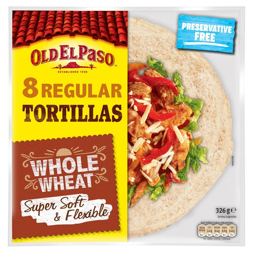 Old El Paso 8 Regular Soft Whole Wheat Tortilla Wraps 326g - 2 Pack
