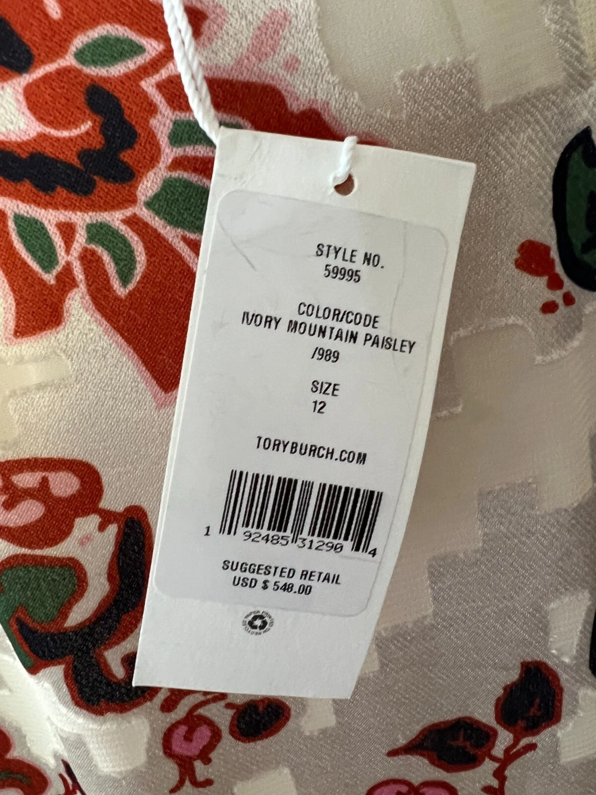 $548 TORY BURCH ABITO TUBINO BURNOUT IN SETA AVORIO MONTAGNA PAISLEY TAGLIA 12