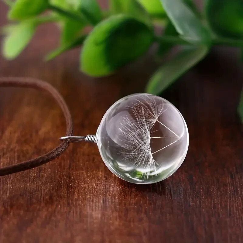Collana tarassaco vero fiore secco - ciondolo cristallo vetro foto 2