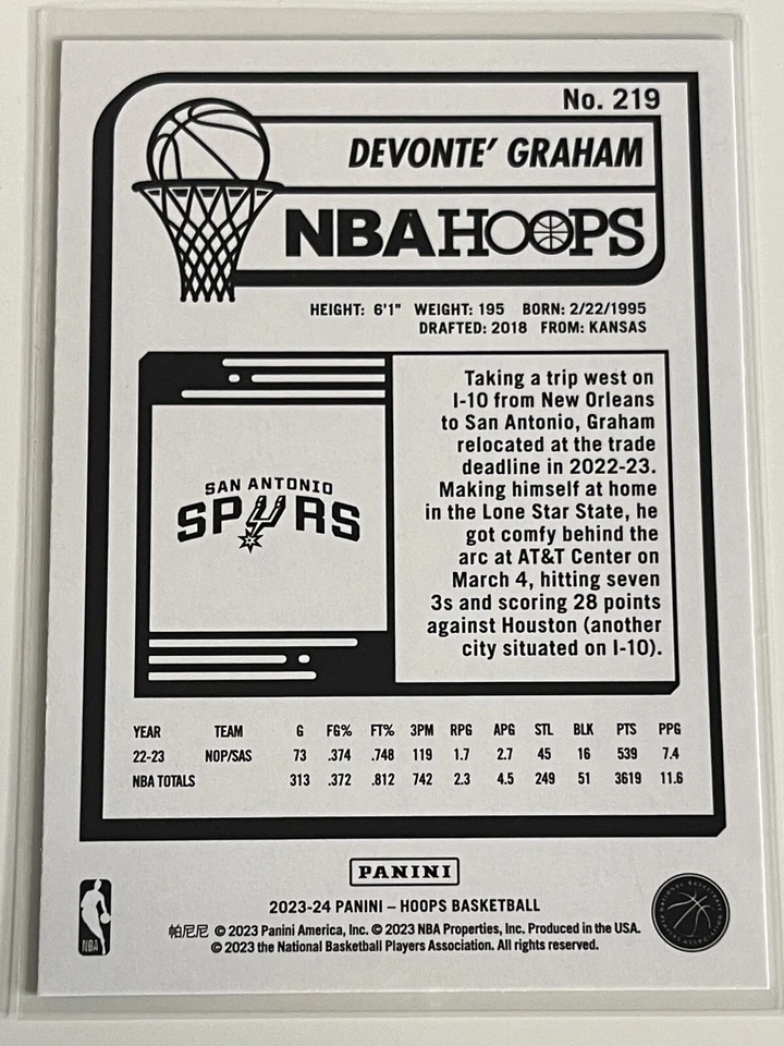 2023-24 Devonte’ Graham Teal Explosion Panini NBA Hoops San Antonio Spurs #219 - Image 2 of 2