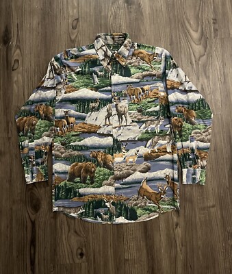 Vtg Wolf River Button Up Shirt Men s Medium Big Game Grizzly/Ram/Wolf/Deer USA