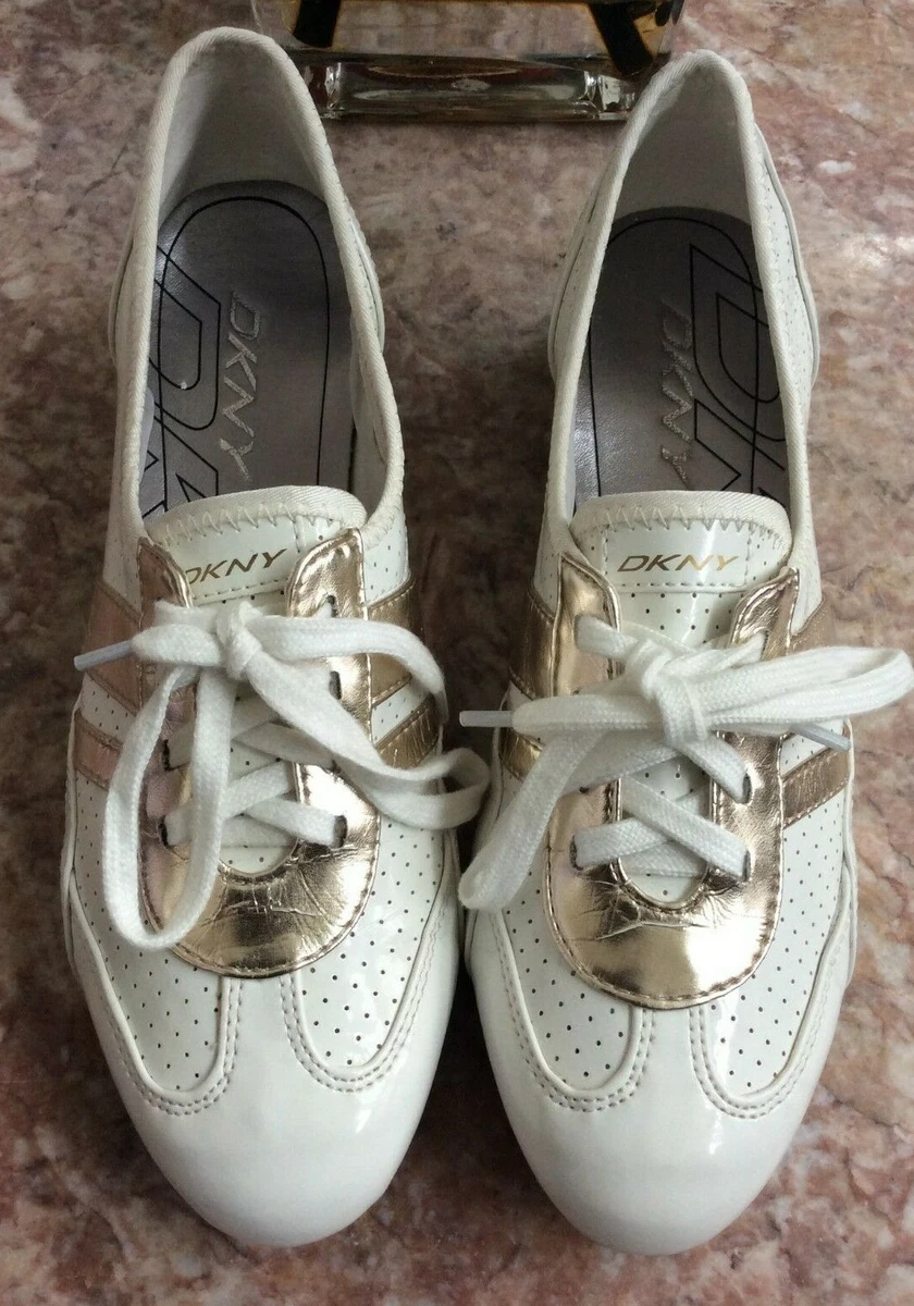 DKNY Raina White Gold Perforated Patent Leather Lace Up Sneaker Sz 7.5 EUC 110
